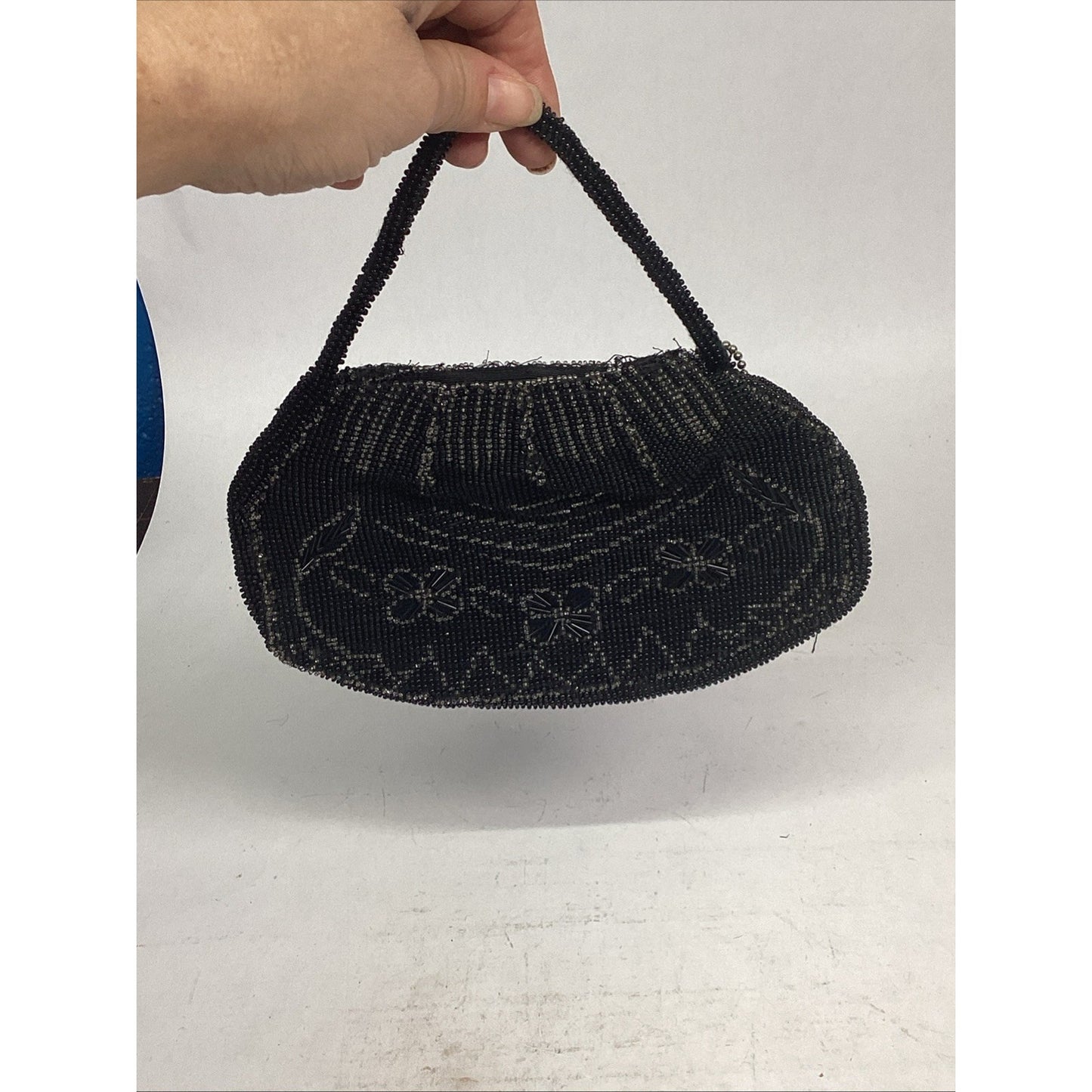 Antique Beaded Black Floral Purse Clutch - Made In Czechoslovakia