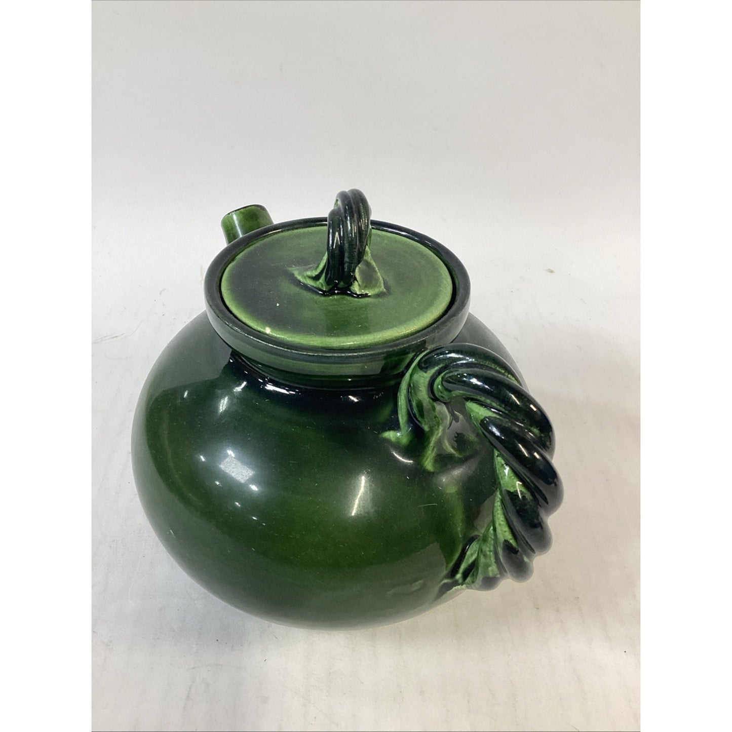 Hand Painted Dark Green Pottery Teapot With Lid