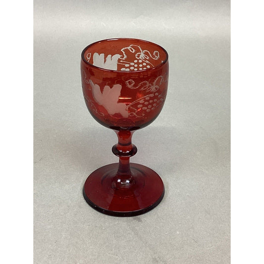 Antique Small Crystal Bohemian Red Ruby Acid Etched Glass - 4.25”