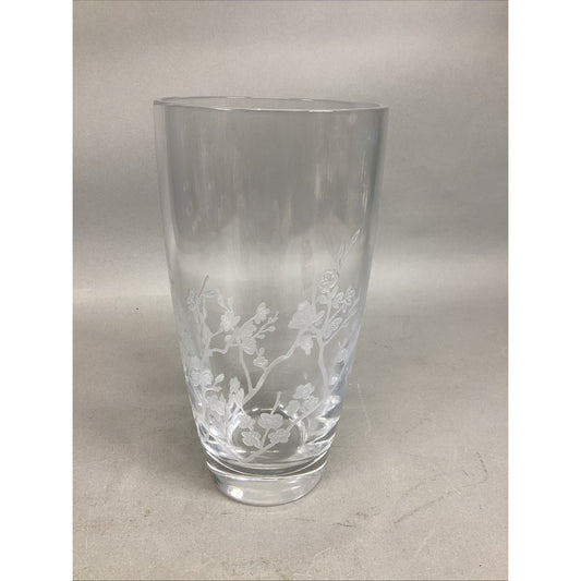 Floral Etched Glass Flower Vase - 10”Hx5”D