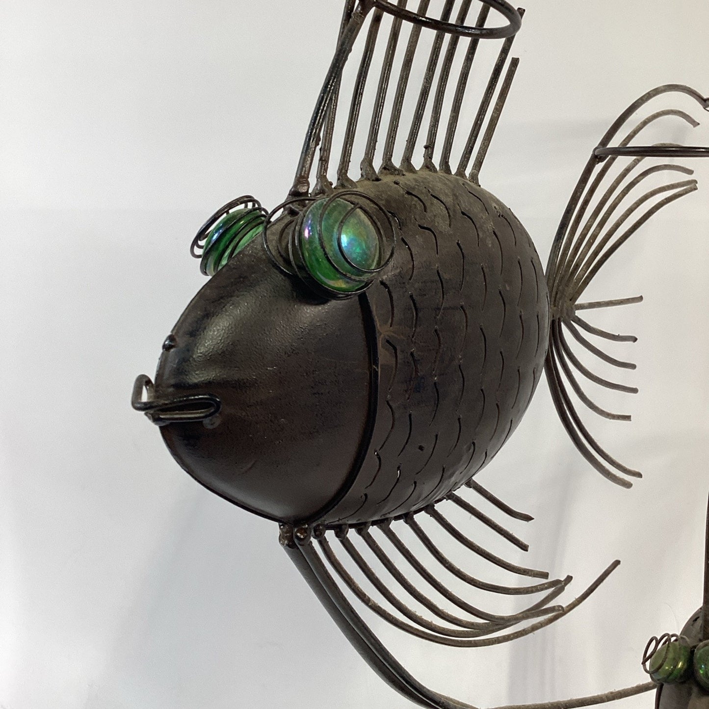 Vintage Large 27”H Steampunk Style Wire Metal Angelfish Sculpture W/ Green Eyes
