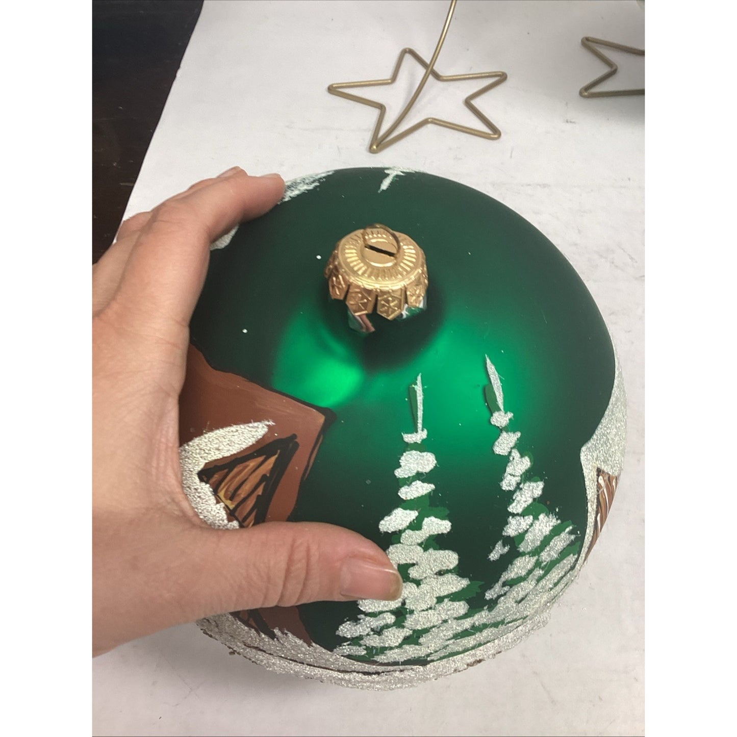 2 Hand Painted Snowy Cabins Glass Ball Ornaments With Ornament Hangers - 7”D