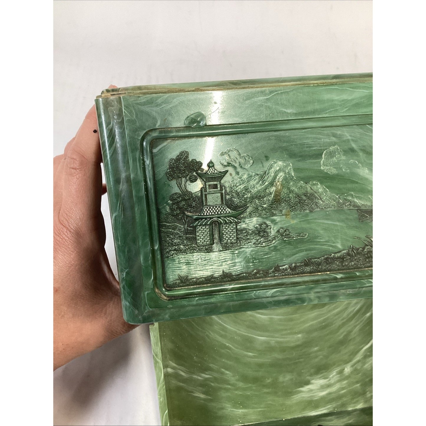 Vintage Green Marbled Celluoid Chinese Style Jewelry Box 3-Drawer