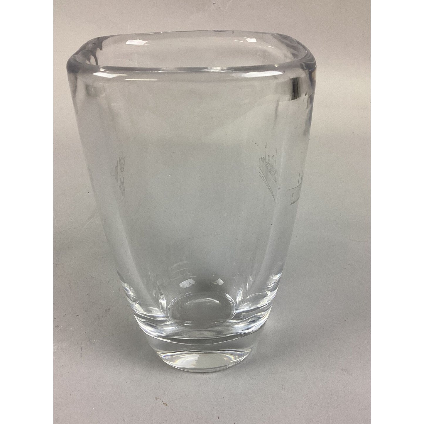 Vintage Orrefors Crystal Clear Flower Vase With Etched Sailing Ship - 7”