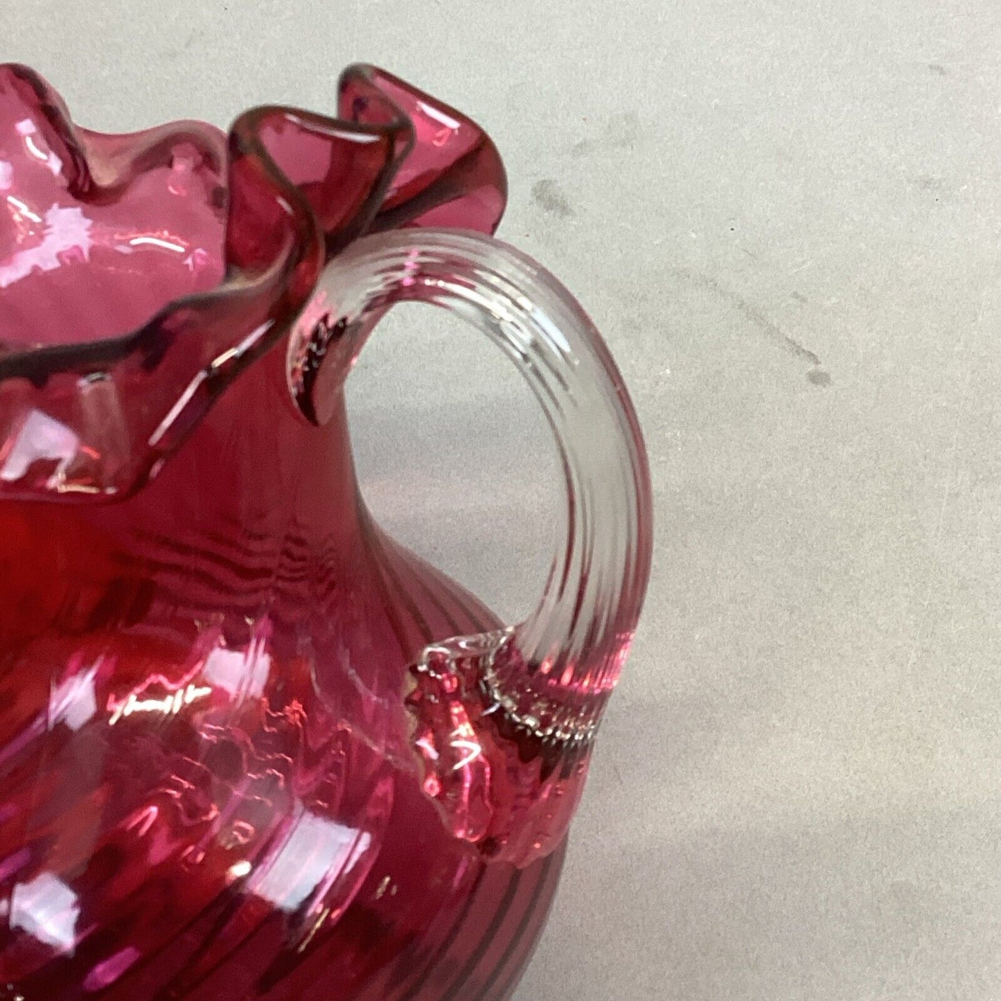 Fenton Cranberry Spiral Swirl Crimped Rim Glass Pitcher W/ Clear Handle - 5.5”H