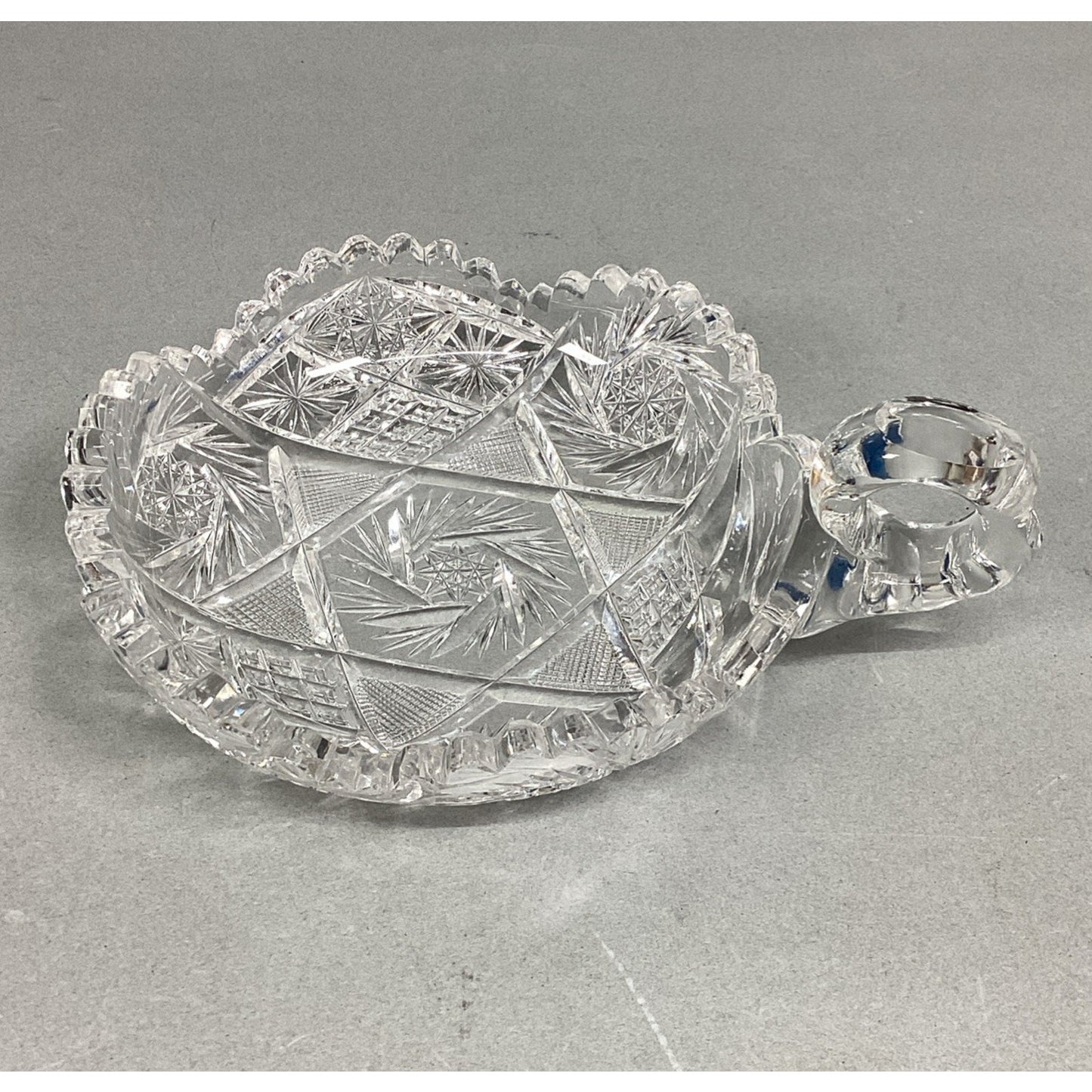 Vintage Scalloped Starburst Saw Tooth Edge Heavy Glass Candy Dish w/ Finger Loop