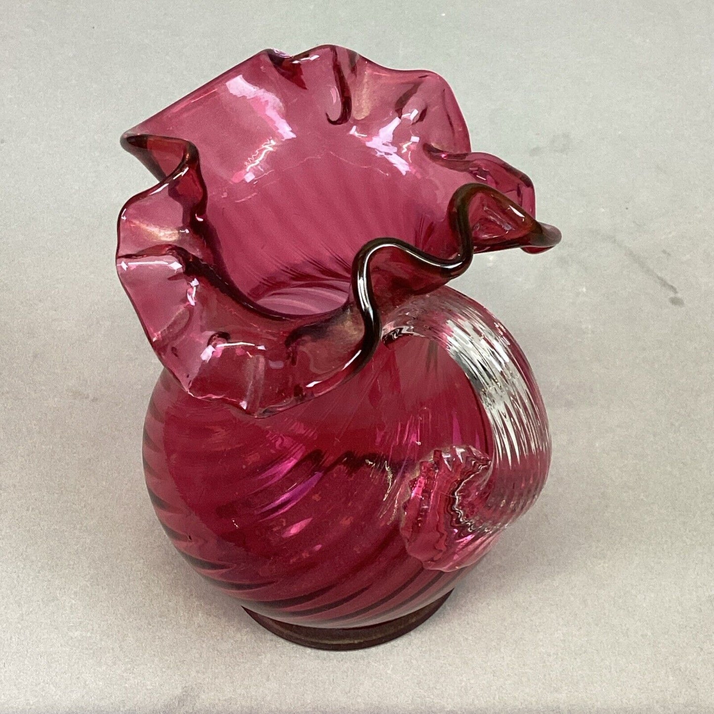 Fenton Cranberry Spiral Swirl Crimped Rim Glass Pitcher W/ Clear Handle - 5.5”H