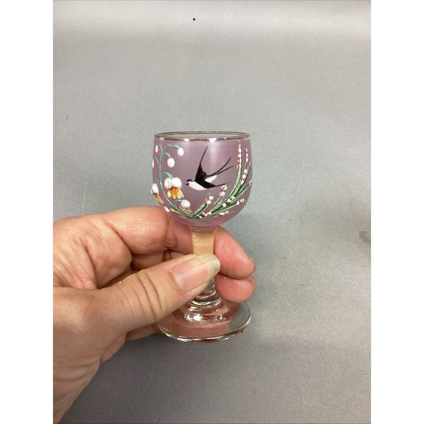 2 Unique Vintage Hand Painted Miniature Pink Wine Glasses Bird & Flowers - 3”