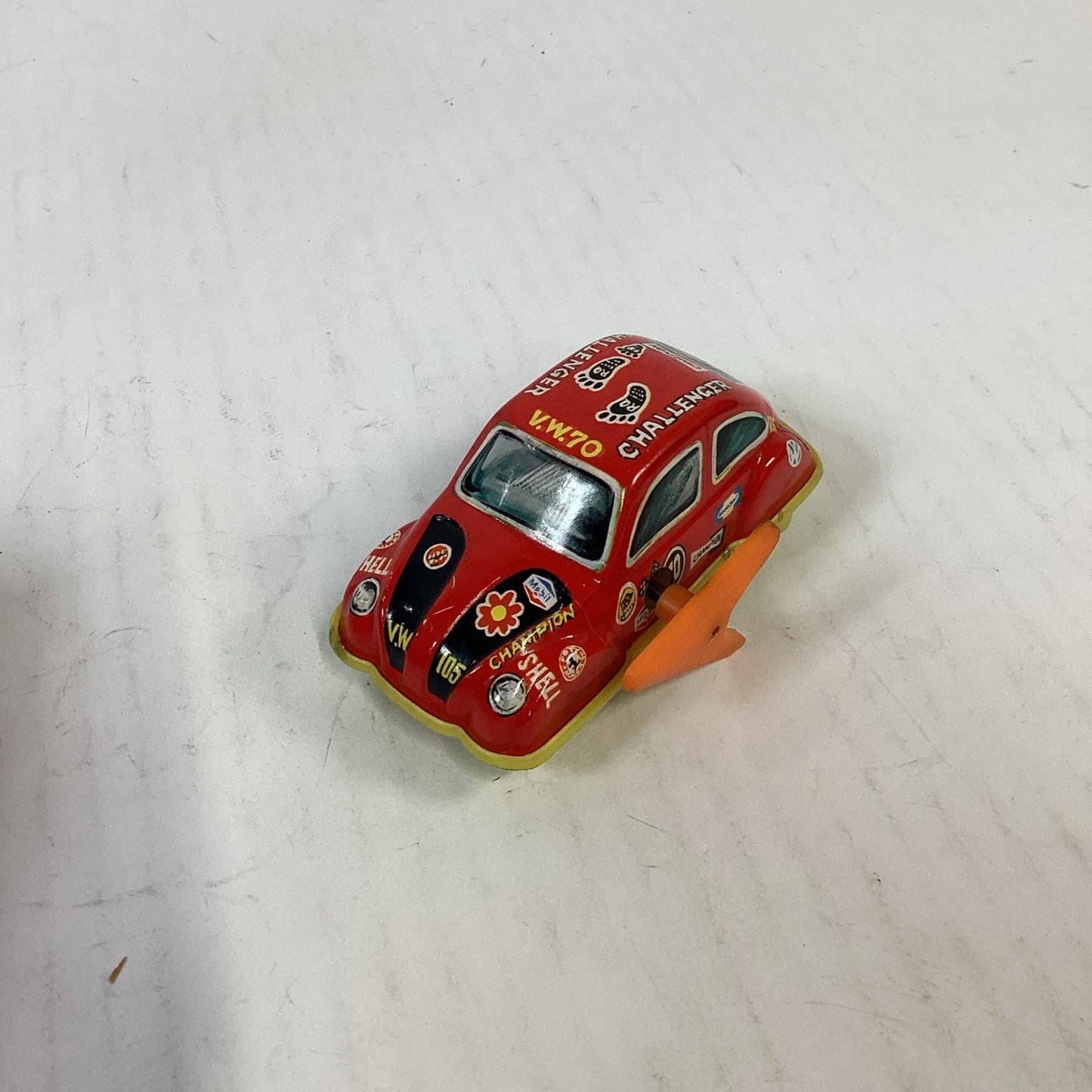 Vtg Japanese Tin Litho Wind Up Cars VW Beetle Police Car & Red VW Challenger