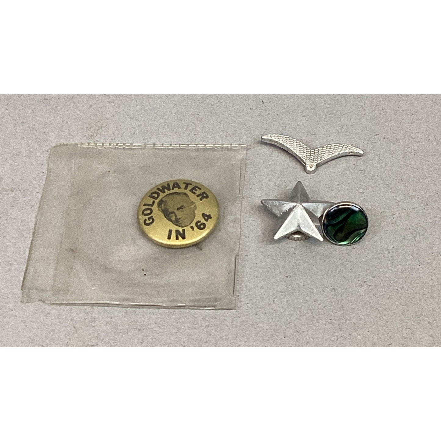 Goldwater In 64 Pin, Green Cat’s Eye Pin, Wings Pin & Italian Star Collar Medal