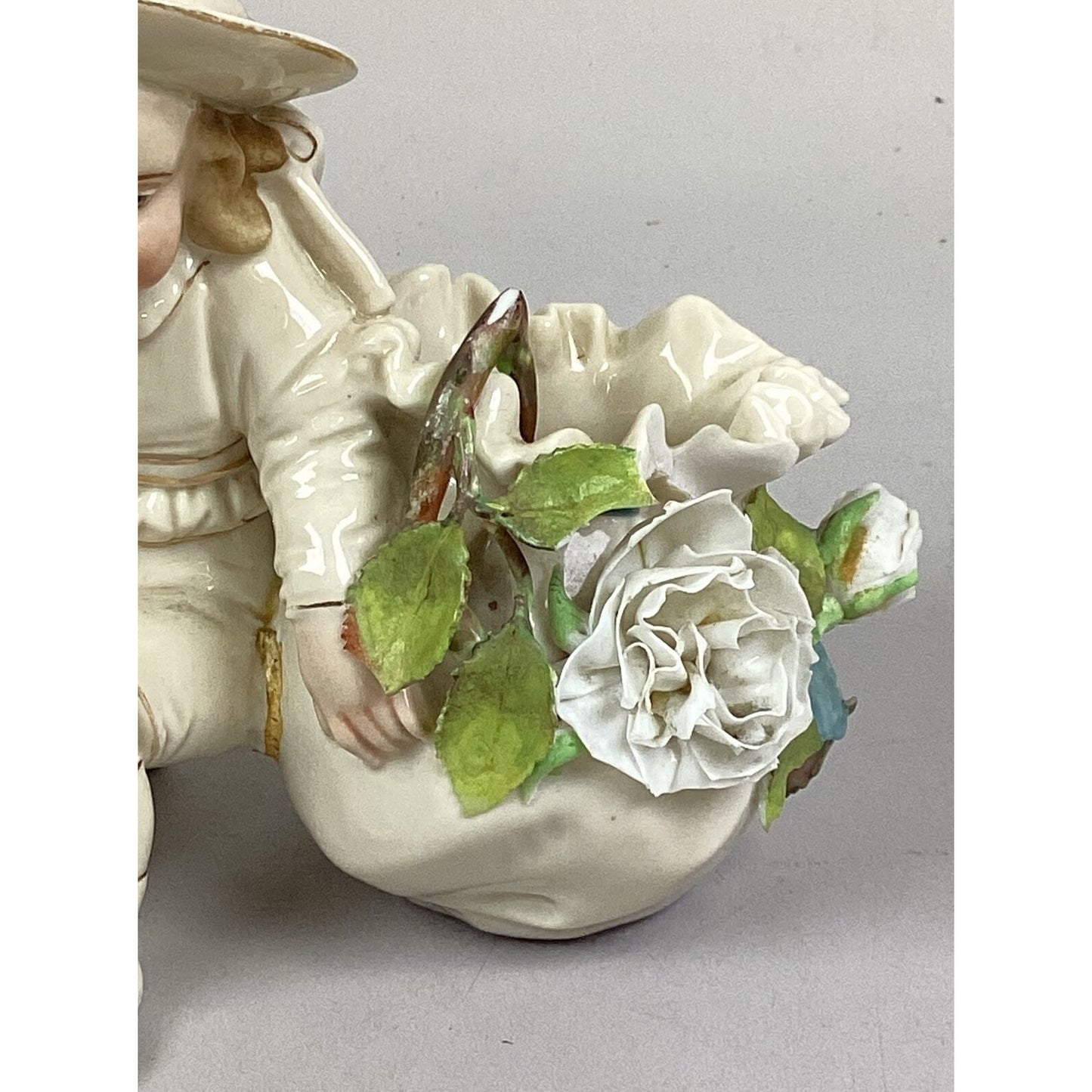 Vintage Porcelain Child Figurine With 2 Flower Vases - 6”