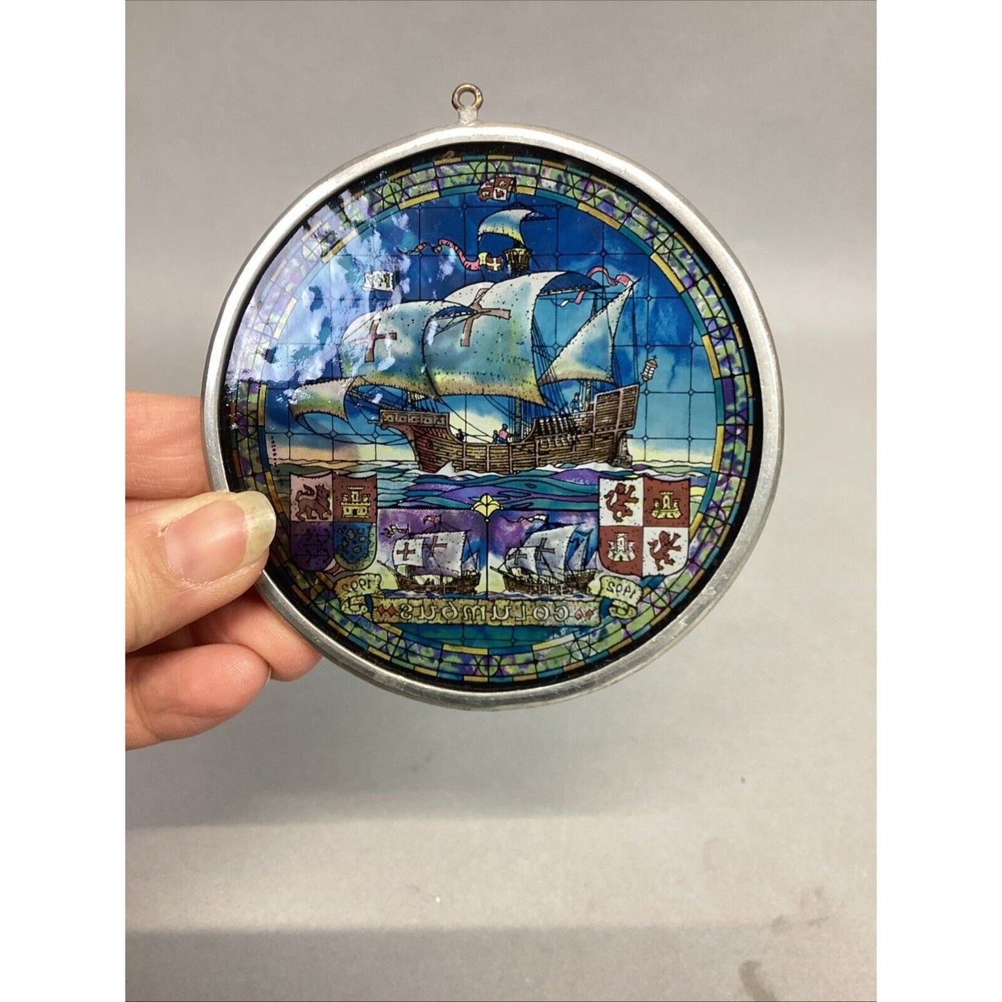 Vintage Stained Glass Sun Catcher Columbus Ship - 3.5”D
