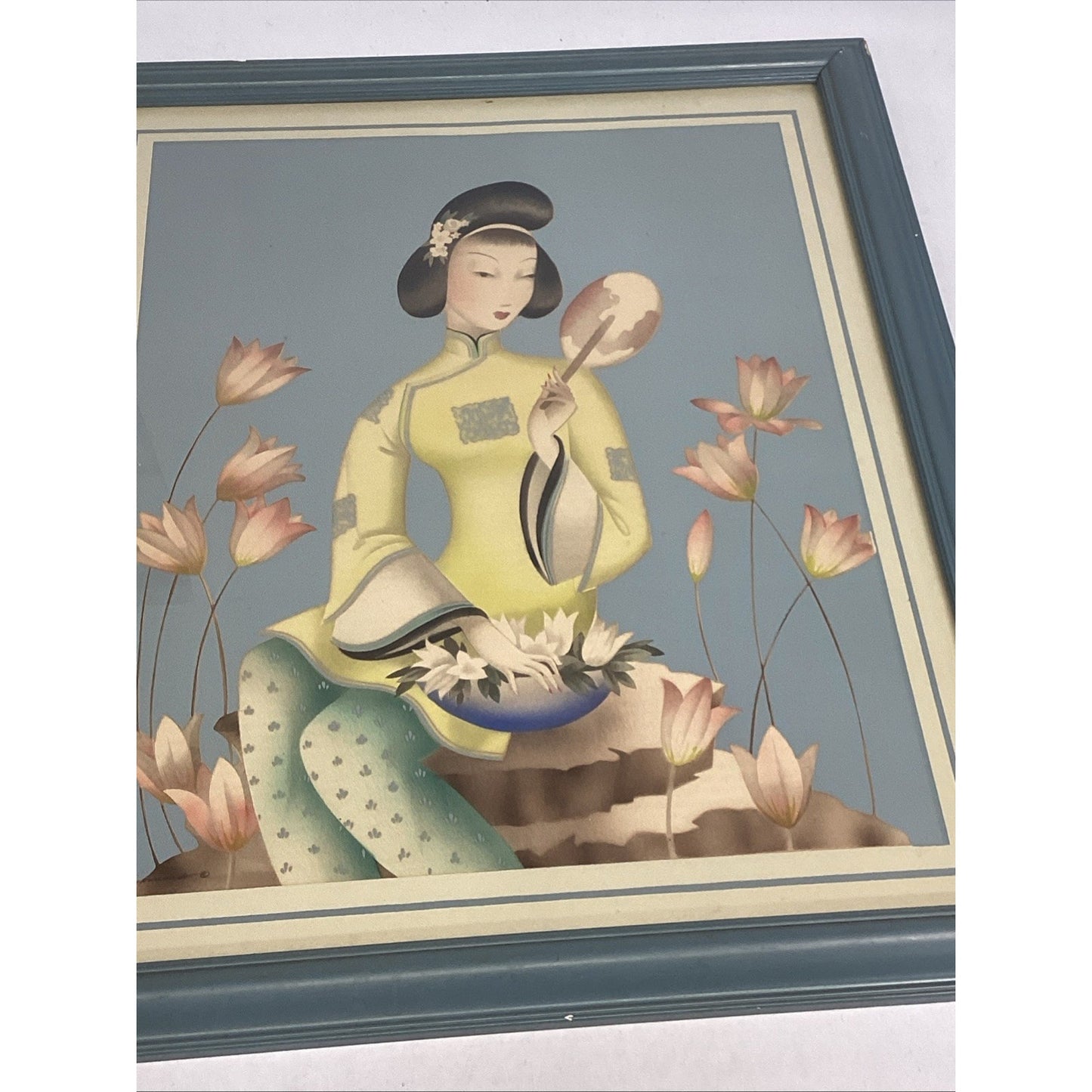 Vintage Framed Lithograph of a Sitting Asian Woman Among Lotus Flowers 24.5x20”