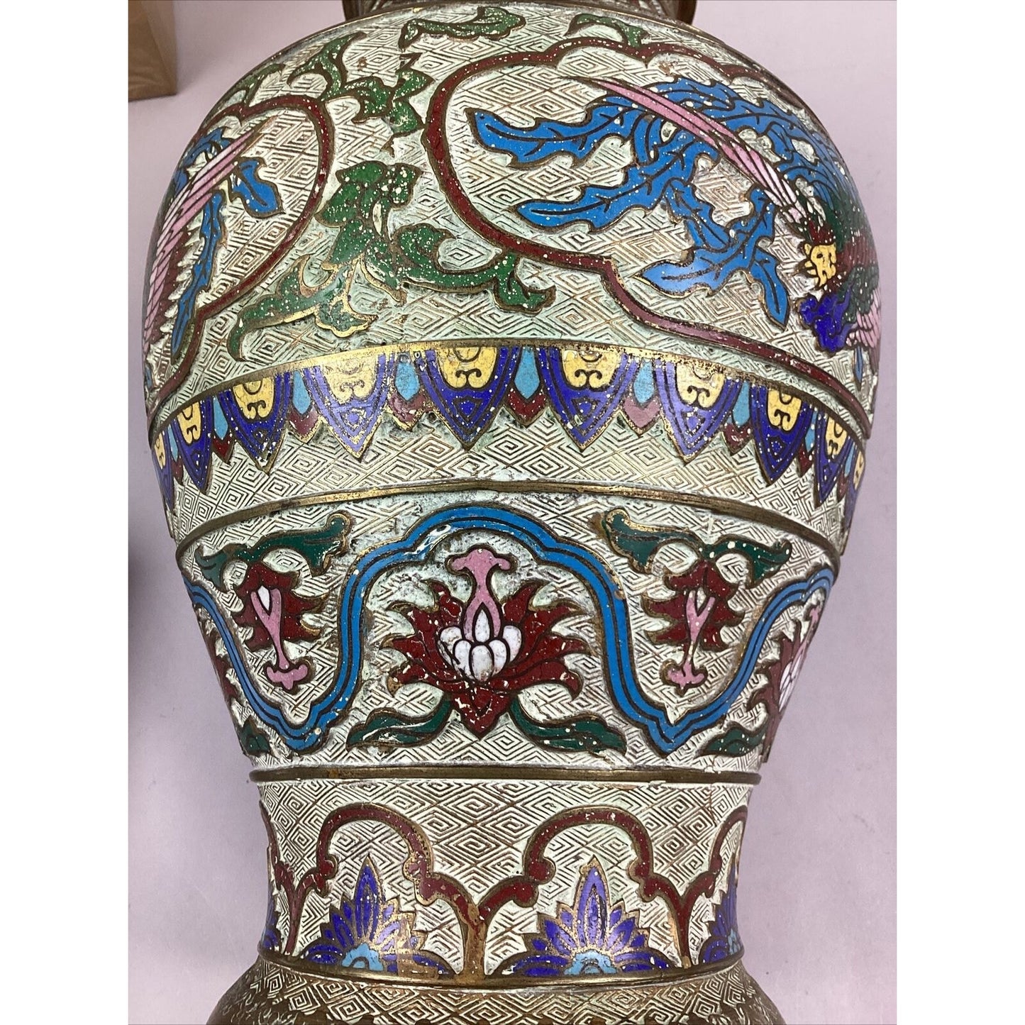 Large Vintage Japanese Champleve Bronze Cloisonne Doubled Handed Vase/ Urn - 14”