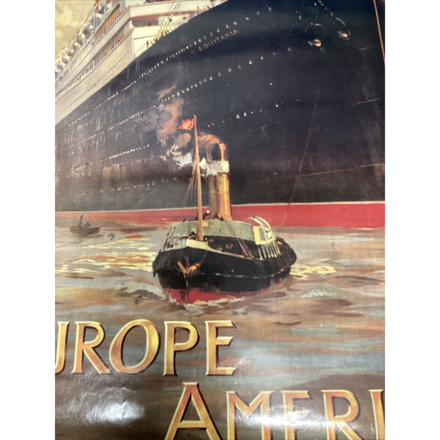 Vintage 1983 Cunard Aquitania Europe America Litho Print - 38”x23.5