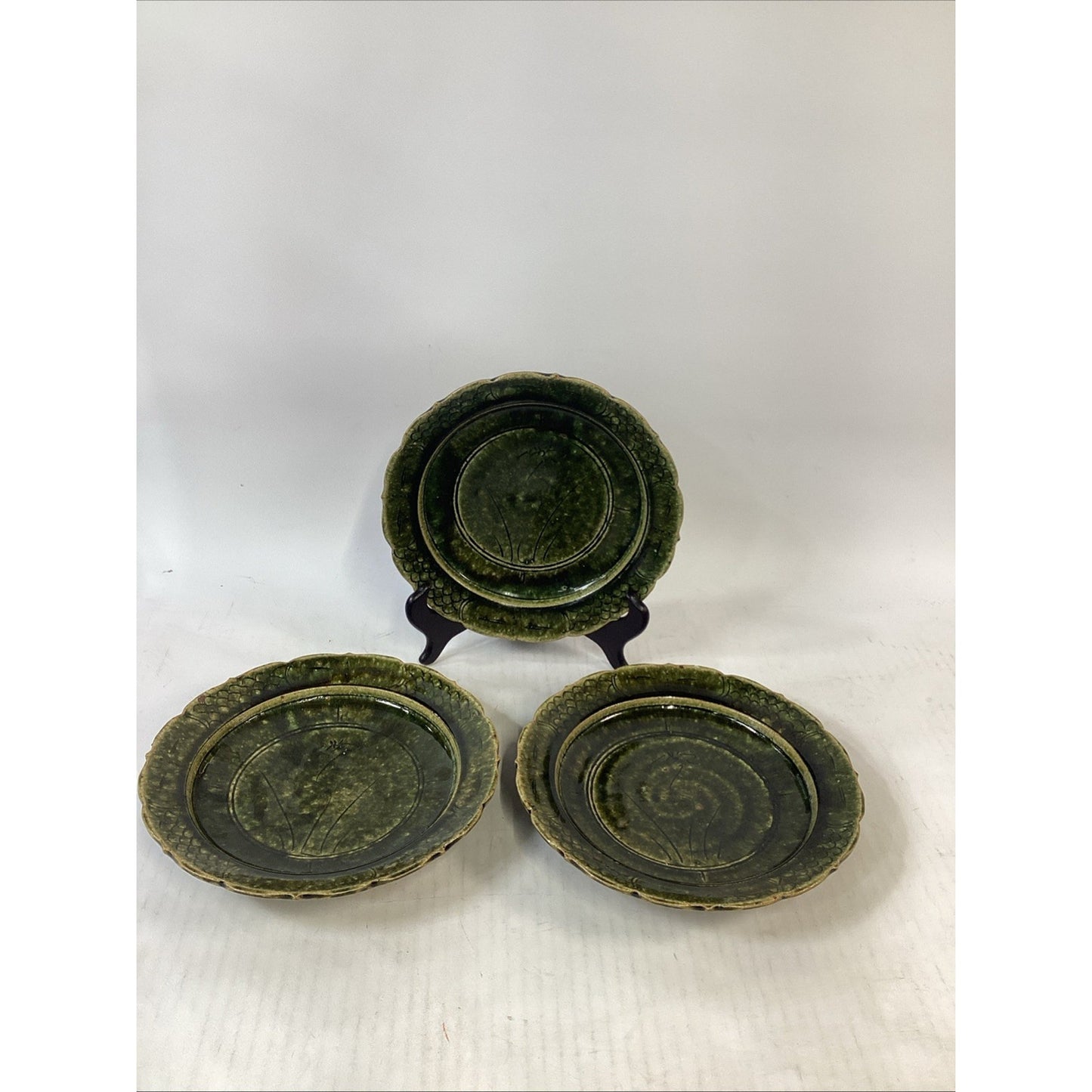 Handmade Hand Painted Dark Green Soup Salad Bowls - 8.25”D