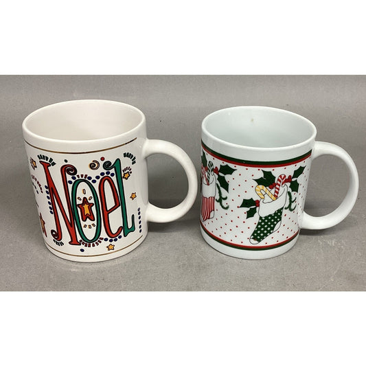 Set Of 2 Vintage Christmas Mugs - Noel & Candy Canes/Stockings