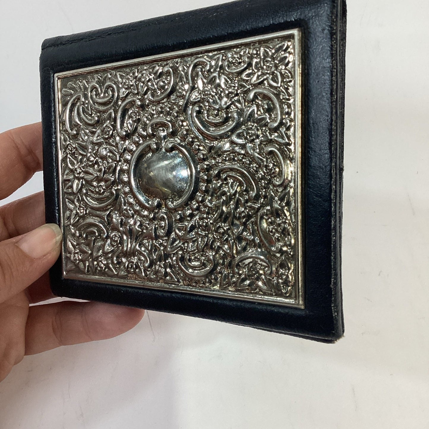 Vintage Black Leather Card Wallet - Intricate Baroque Style Repousse Floral Work