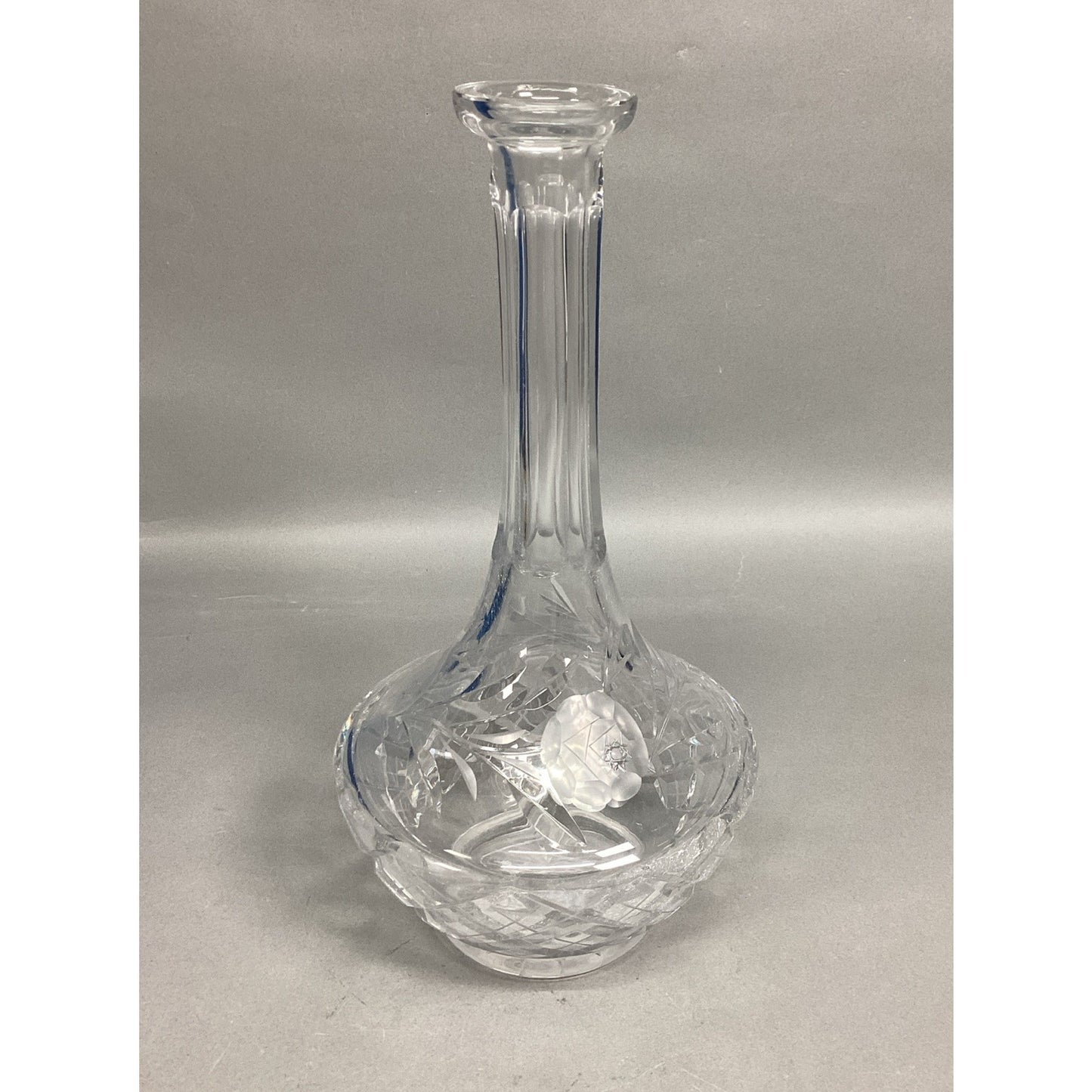 Vintage Cut Glass Crystal Decanter W/ Stopper - Floral Design - 12”H