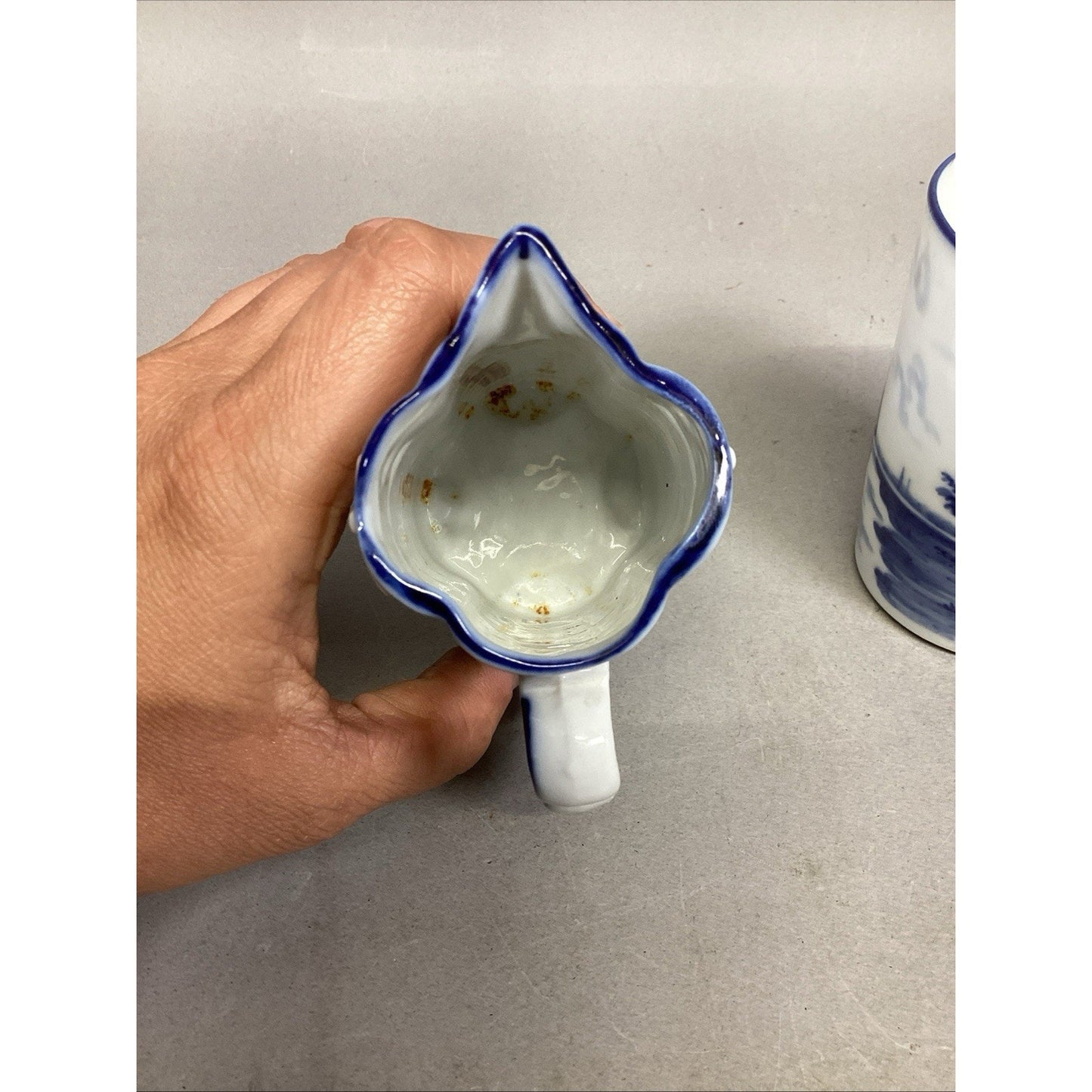 Antique Flow Blue Delft Style White Milk Jug Sailboat, Windmill Cup & Lidded Jar
