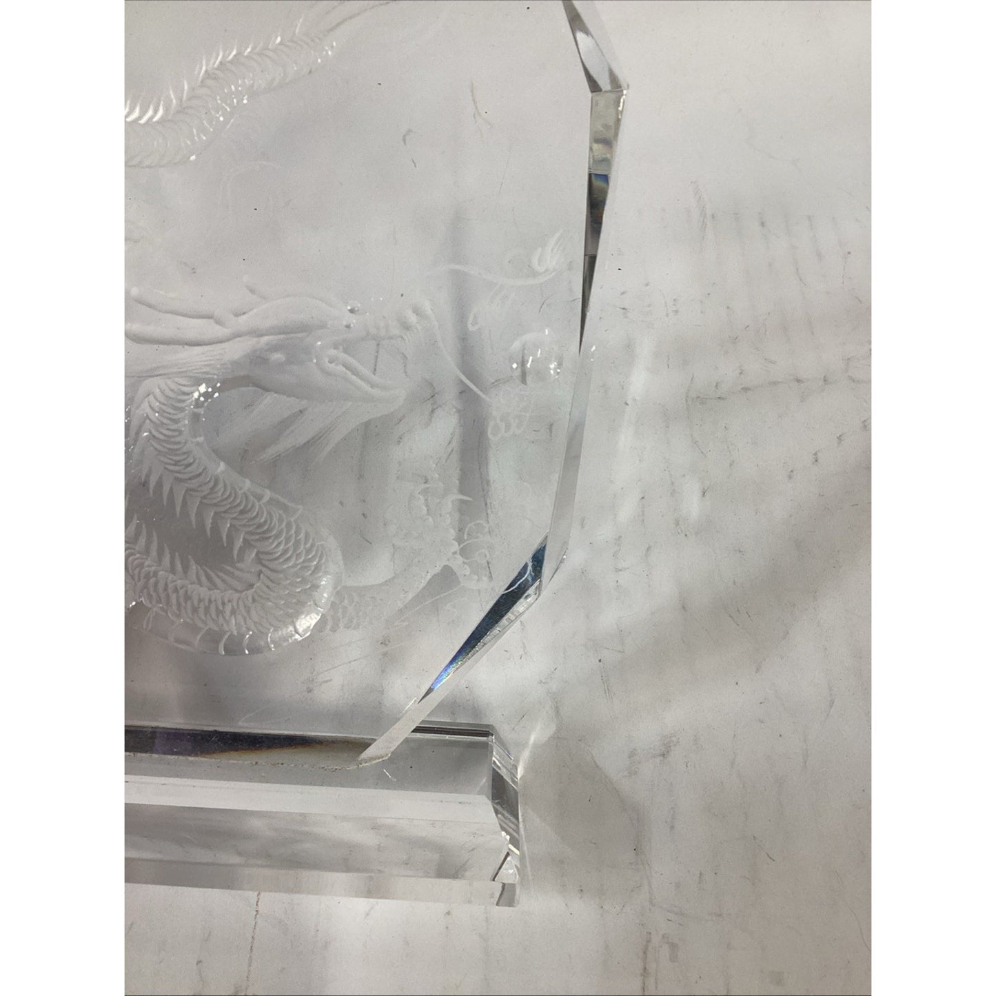 Hand Etched Clear Crystal Glass Lucky Dragon Prism Paper Weight Sculpture
