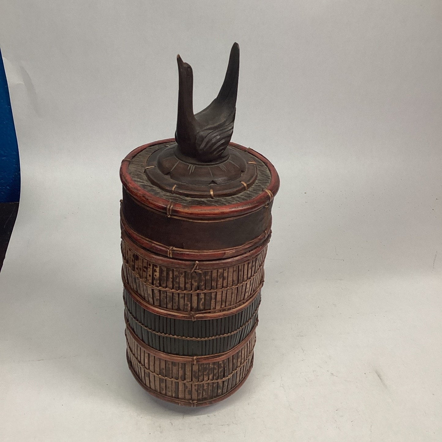 Indonesian / Balinese Handcrafted Carved Bamboo Crane Container With Lid - 12”H