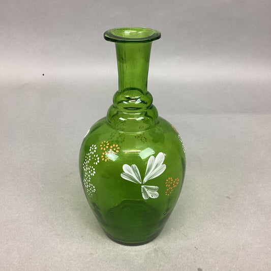 Green Glass Vase With Hand Painted Flowers - 6.75”