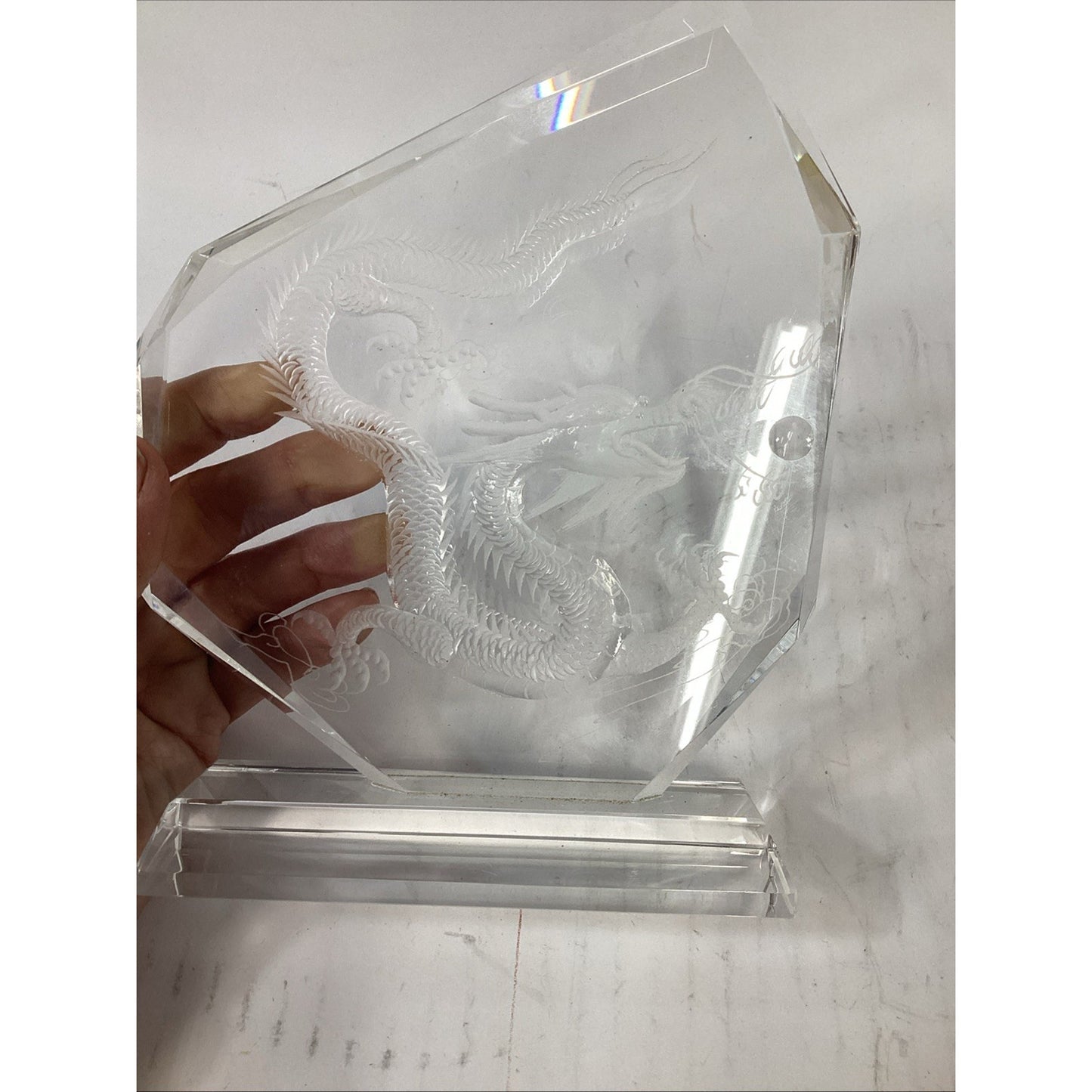 Hand Etched Clear Crystal Glass Lucky Dragon Prism Paper Weight Sculpture