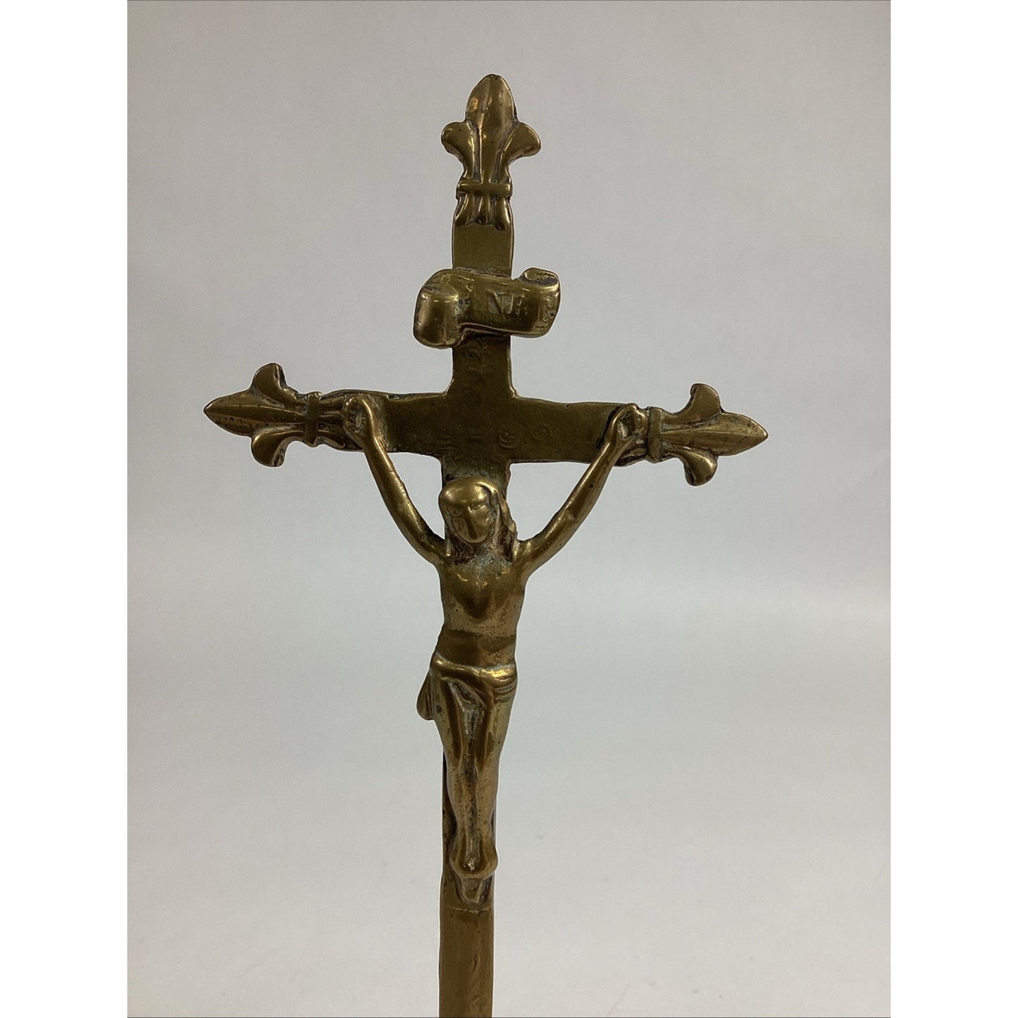 Antique Brass Inri Crucifix Standing Cross Figurine - 13”H