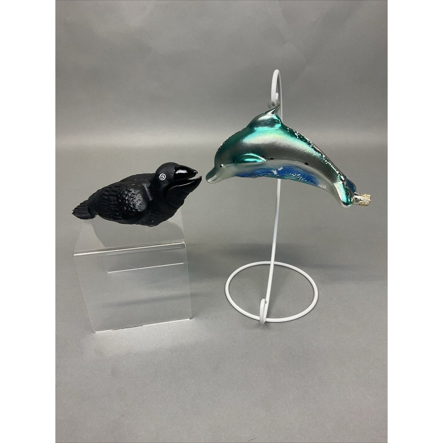 Radko Blue Dolphin Over Waves And Black Crow Christmas Ornaments/ Damaged