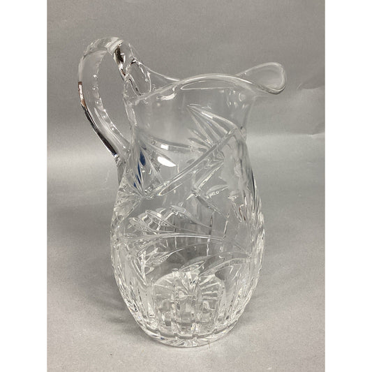 Vintage Cut Glass Floral Crystal Pitcher - 8.5”H