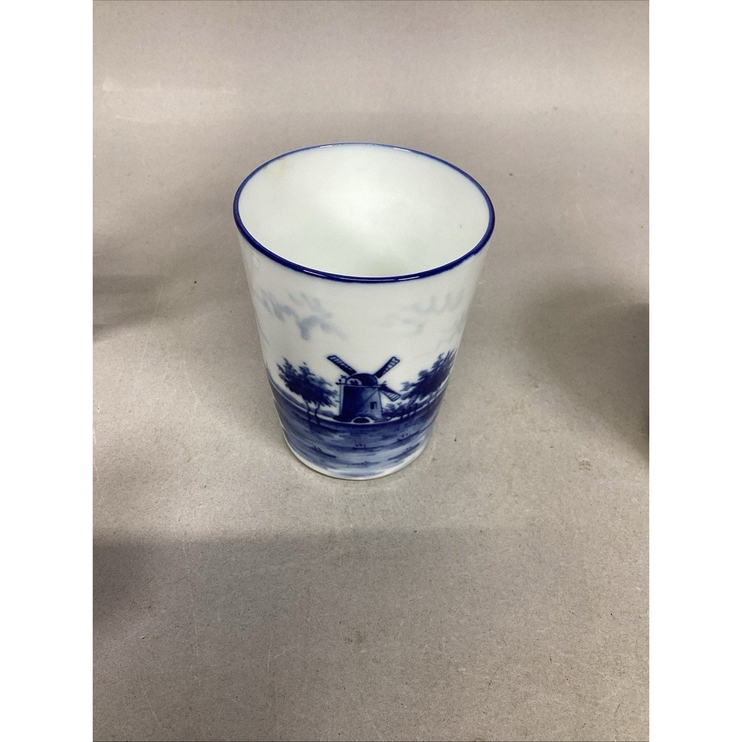 Antique Flow Blue Delft Style White Milk Jug Sailboat, Windmill Cup & Lidded Jar