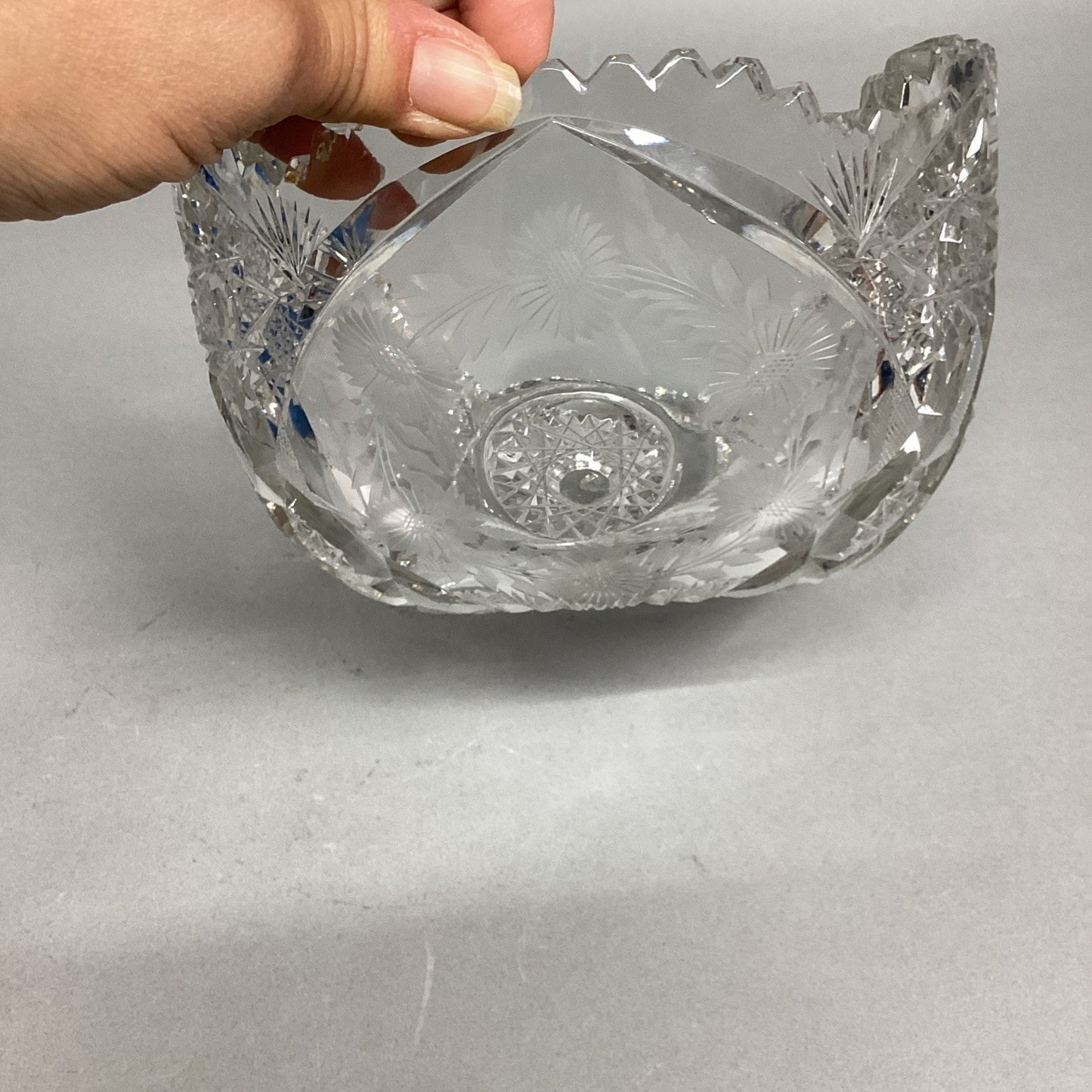 Vintage Heavy Cut Glass Bowl With Sawtooth Edges - Floral & Sunburst - 11x7”
