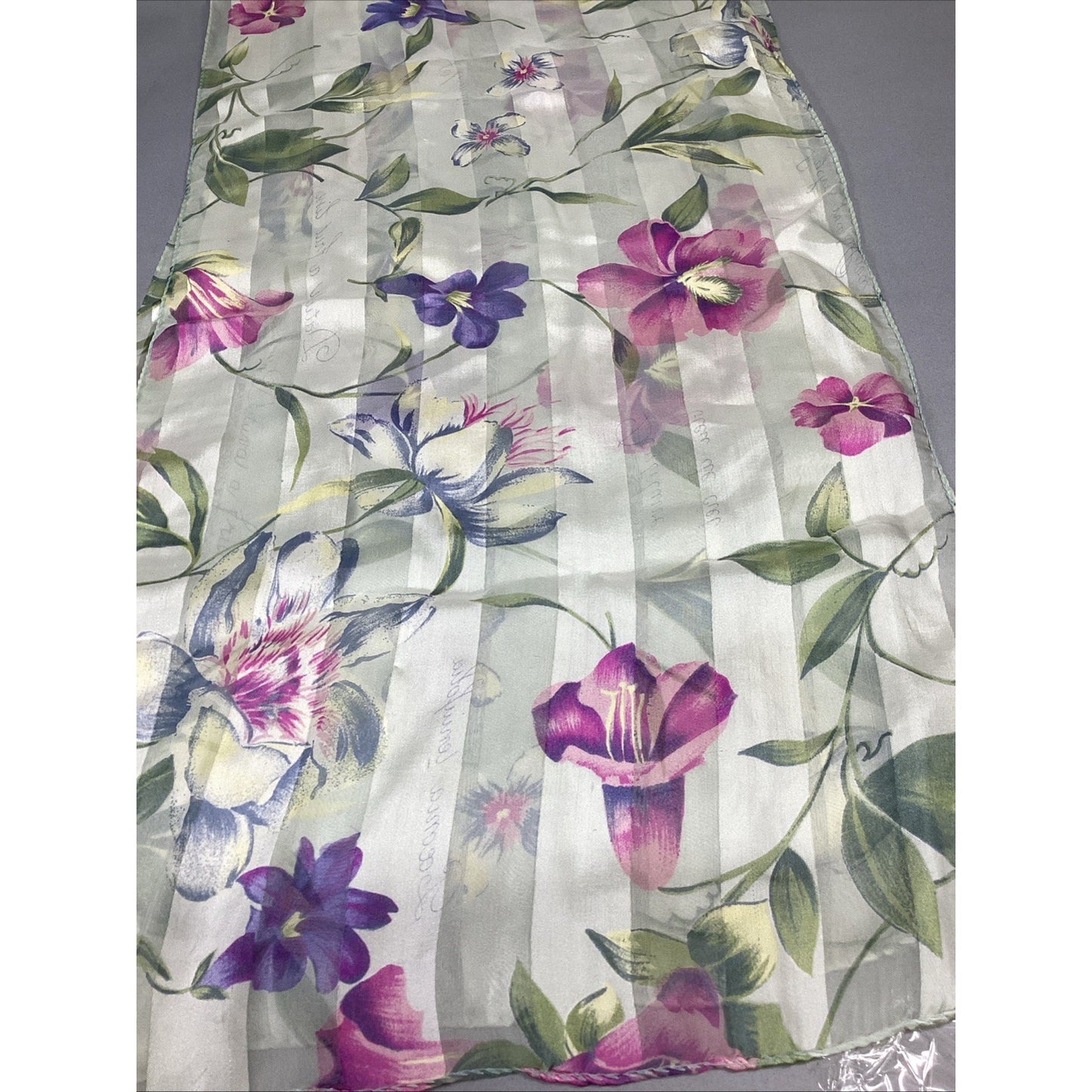 100% Silk Purple Pink Striped Women’s Floral Scarf - 60x15”