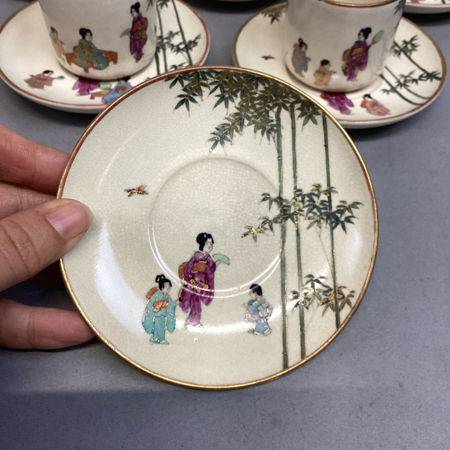 Set Of 6 Vintage Satsuma Japanese Porcelain Cups & Saucers