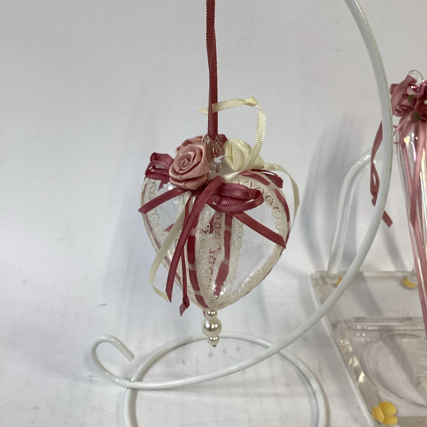 Lot of 2 Glass Christmas Ornaments - Heart With Roses And Icicle With Flower