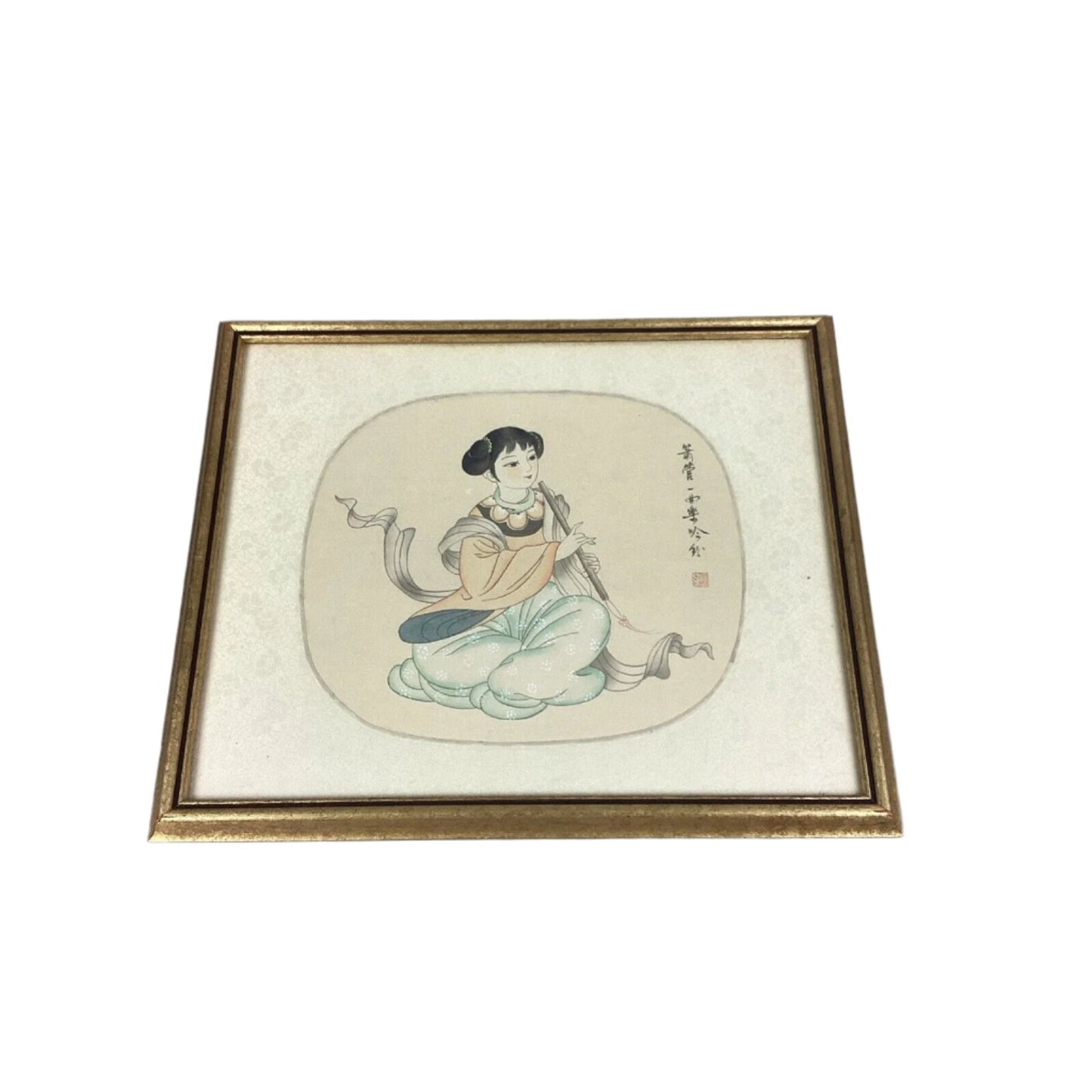 Antique Chinese Watercolor Painting On Silk - Girl Playing Flute