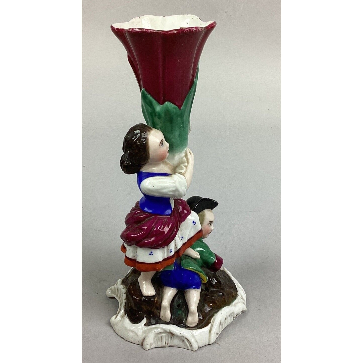 Vintage Porcelain Boy And Girl Red Rose Candlestick Holder - 7.5”