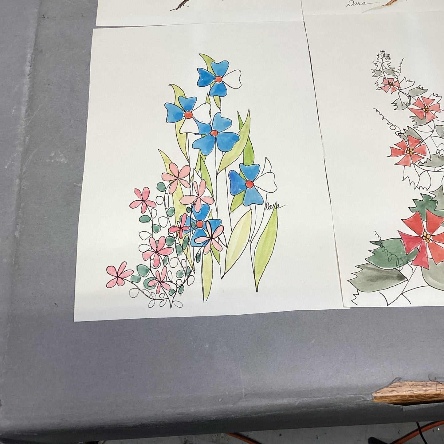 Set Of 5 Floral Art Drawings - Signed By Dara - 10x7”