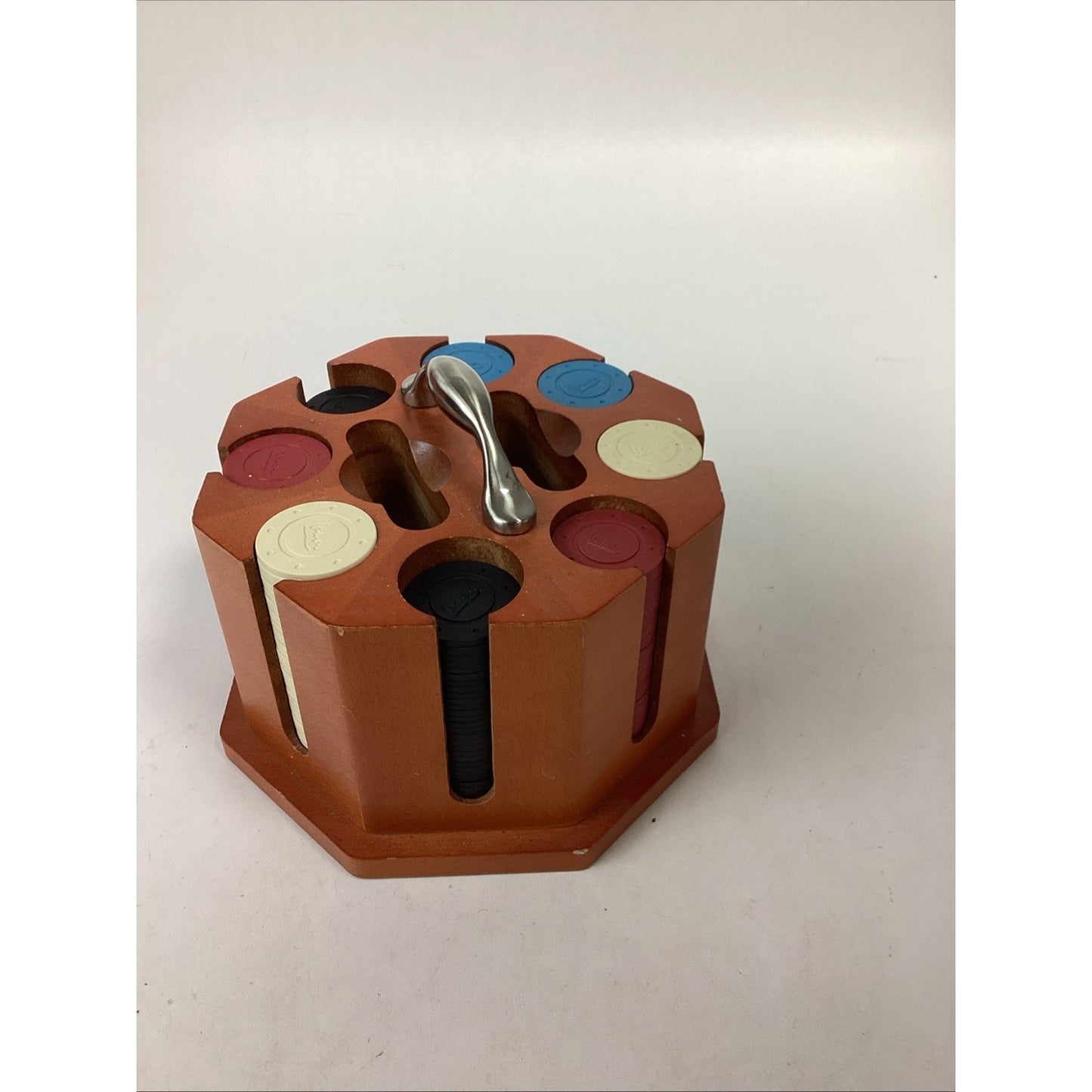 POKER CHIP Caddy In Wood Carousel 8 Slot, 2 Deck Holder, Chips Included