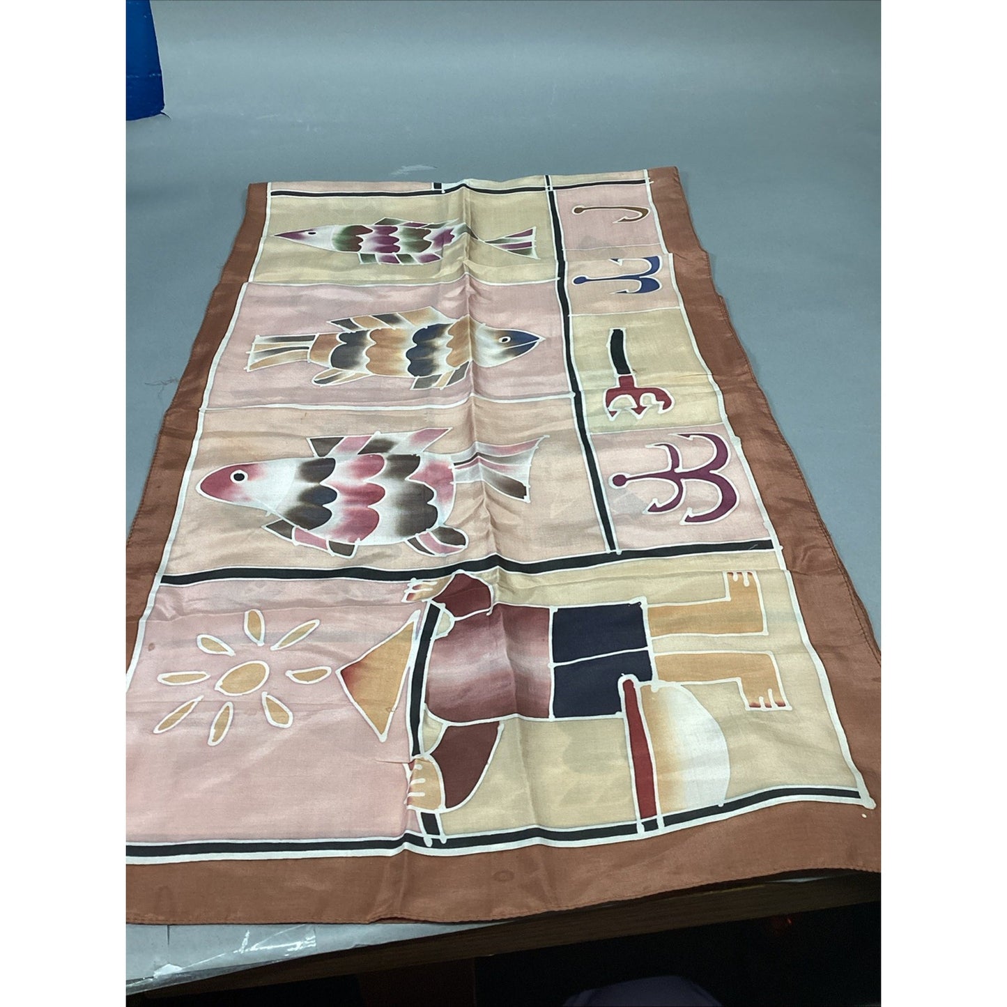100% Silk Beach Themed Scarf W/ Shells, Fish And Fishermen - 60x16”