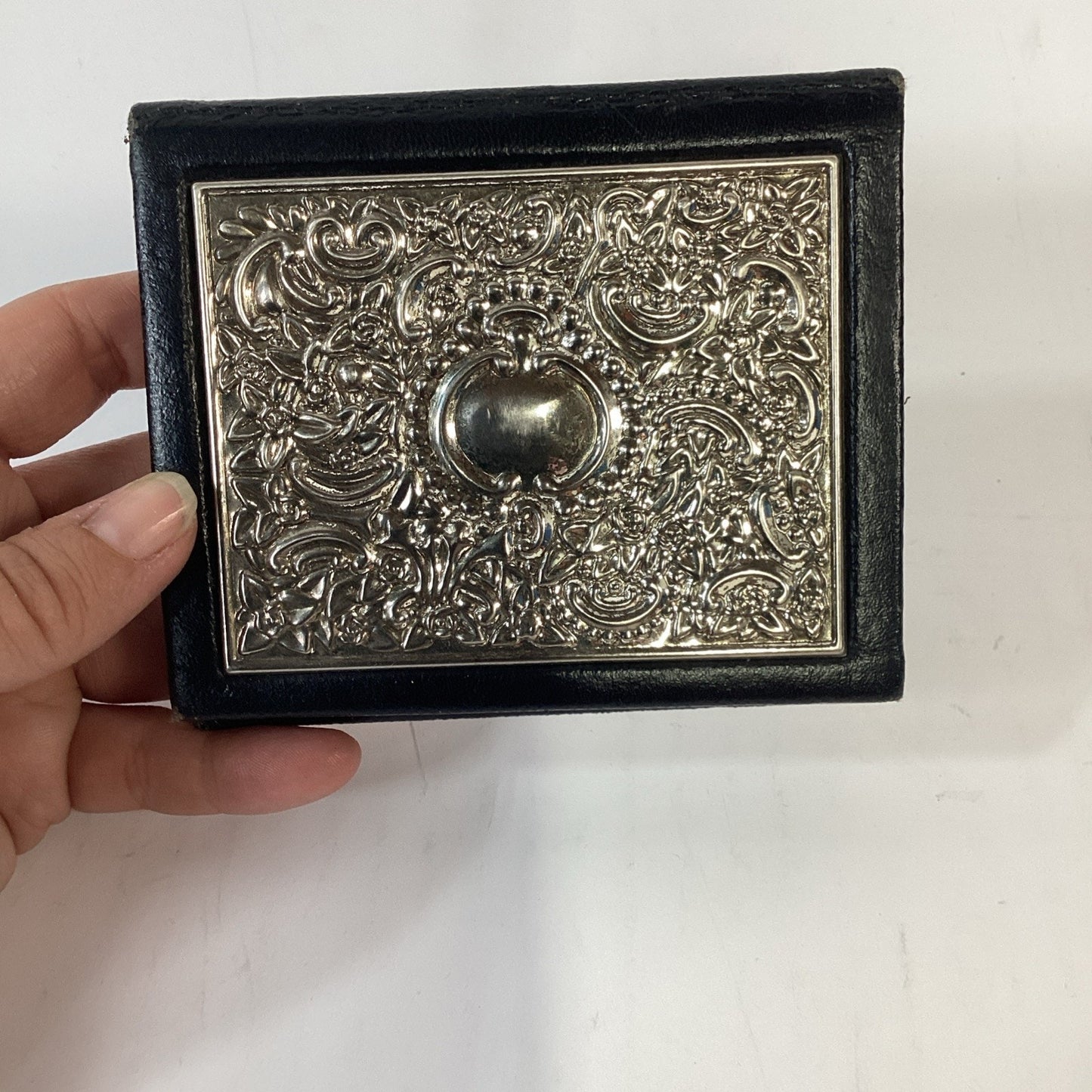 Vintage Black Leather Card Wallet - Intricate Baroque Style Repousse Floral Work