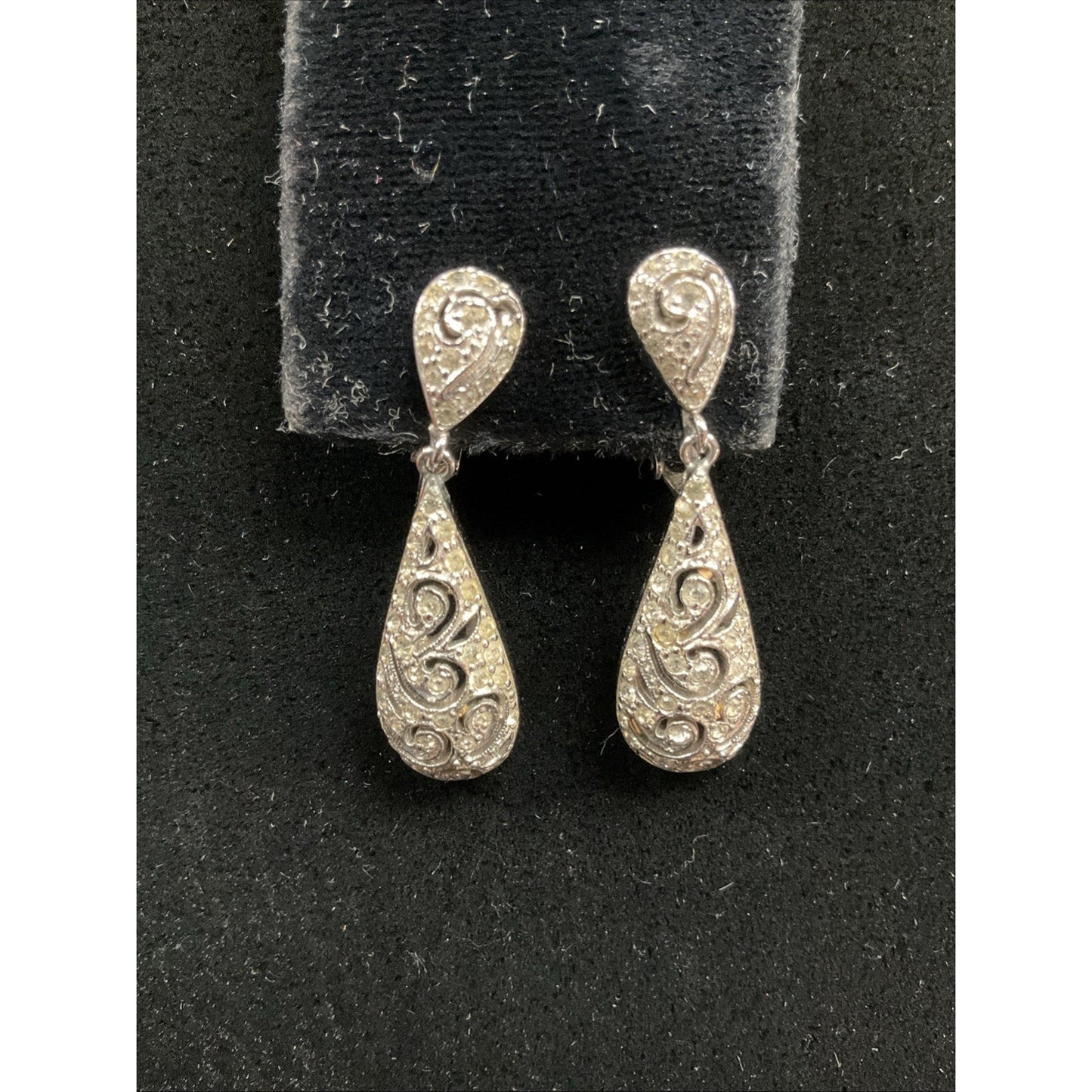 Vintage Panetta Clip On Earrings Silver Tone Clear Rhinestone Dangle Teardrops