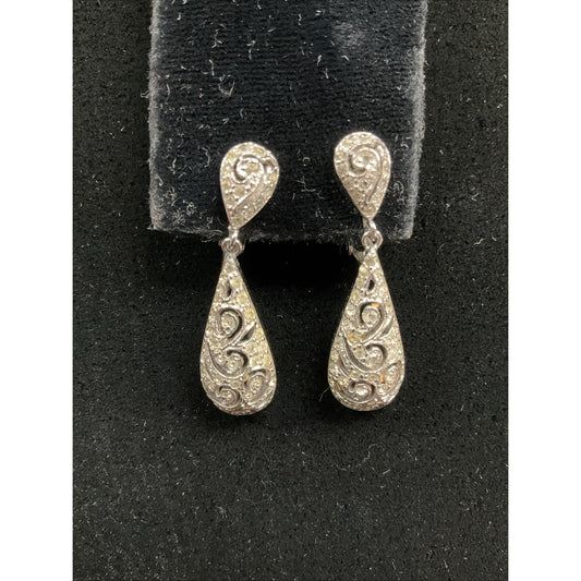 Vintage Panetta Clip On Earrings Silver Tone Clear Rhinestone Dangle Teardrops