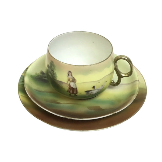 Royal Bayreuth Farm Scene Cup, Saucer And Plate