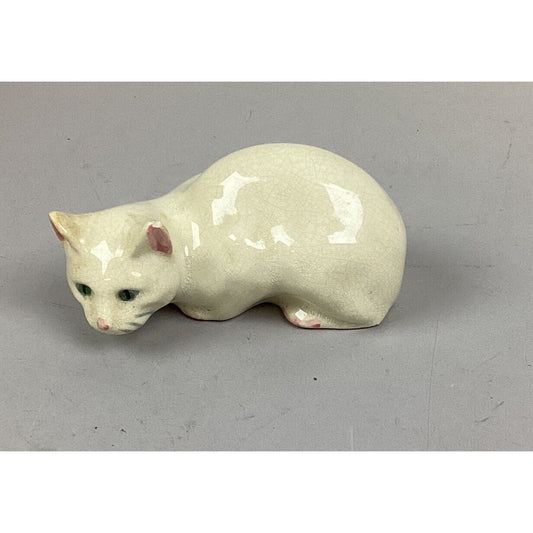 Green Eyed Cat Figurine Handcrafted Glazed Ceramic - 4.5”