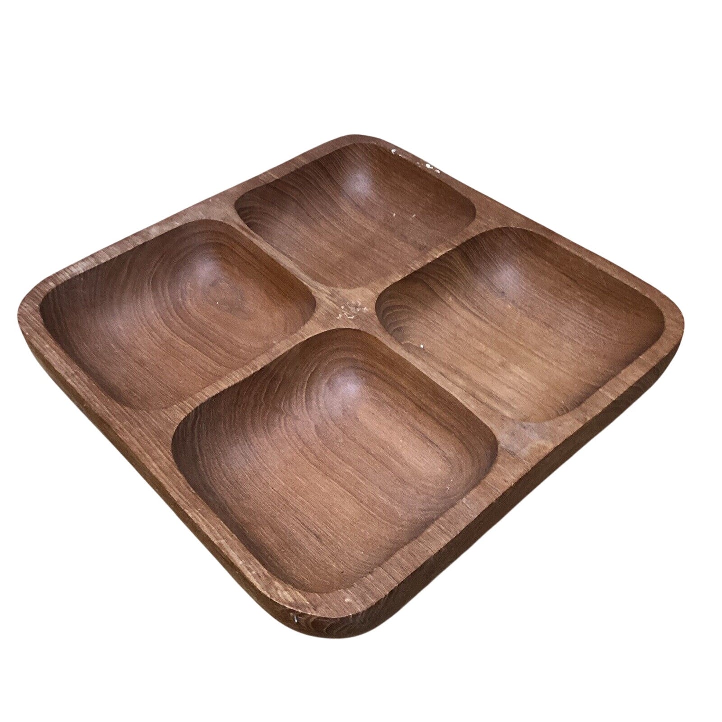 Vintage Mid Century Genuine Hand Crafted Solid Teak Divided Tray - 10x10”