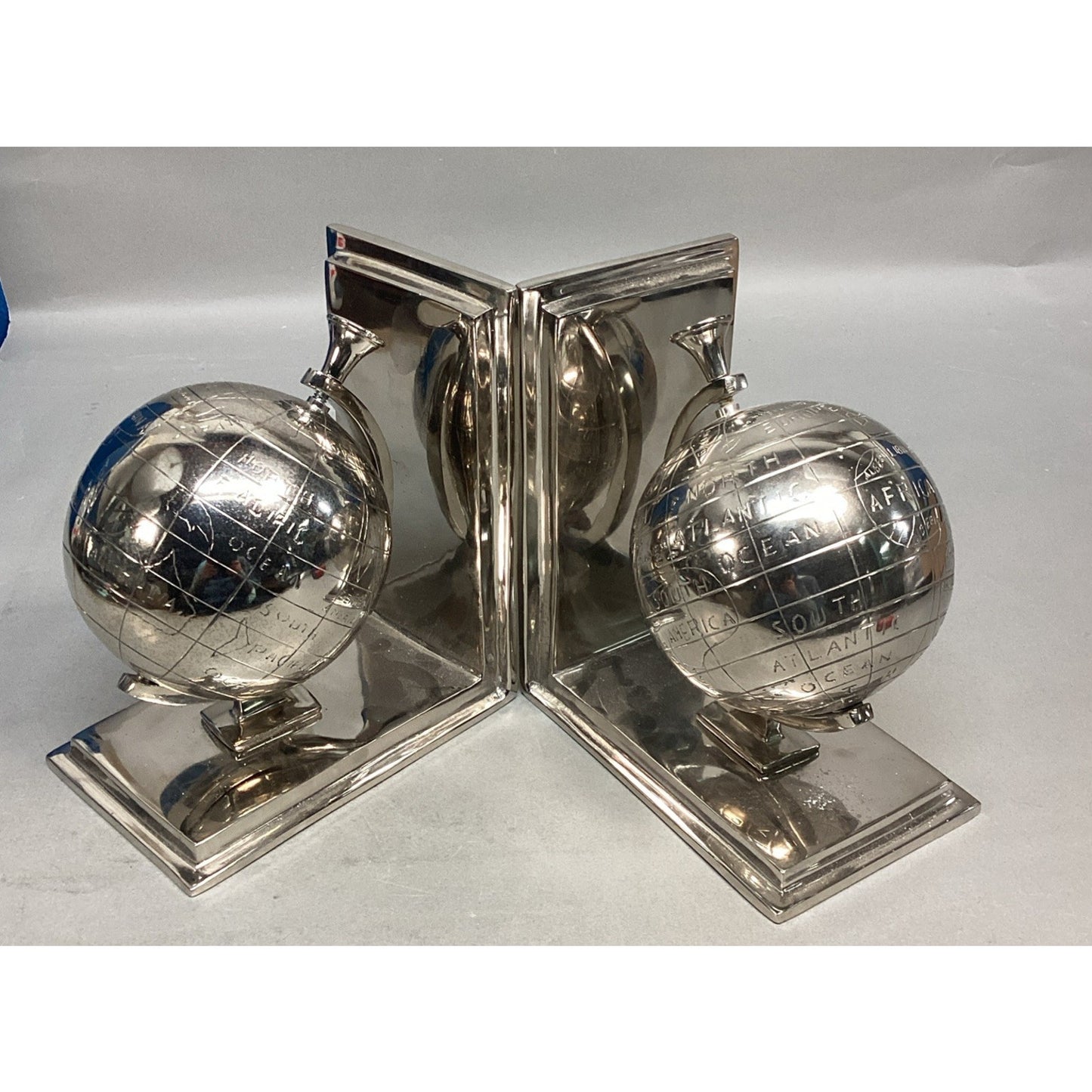 Aluminum Globe Bookends - Nickel Plated - Globes Spin