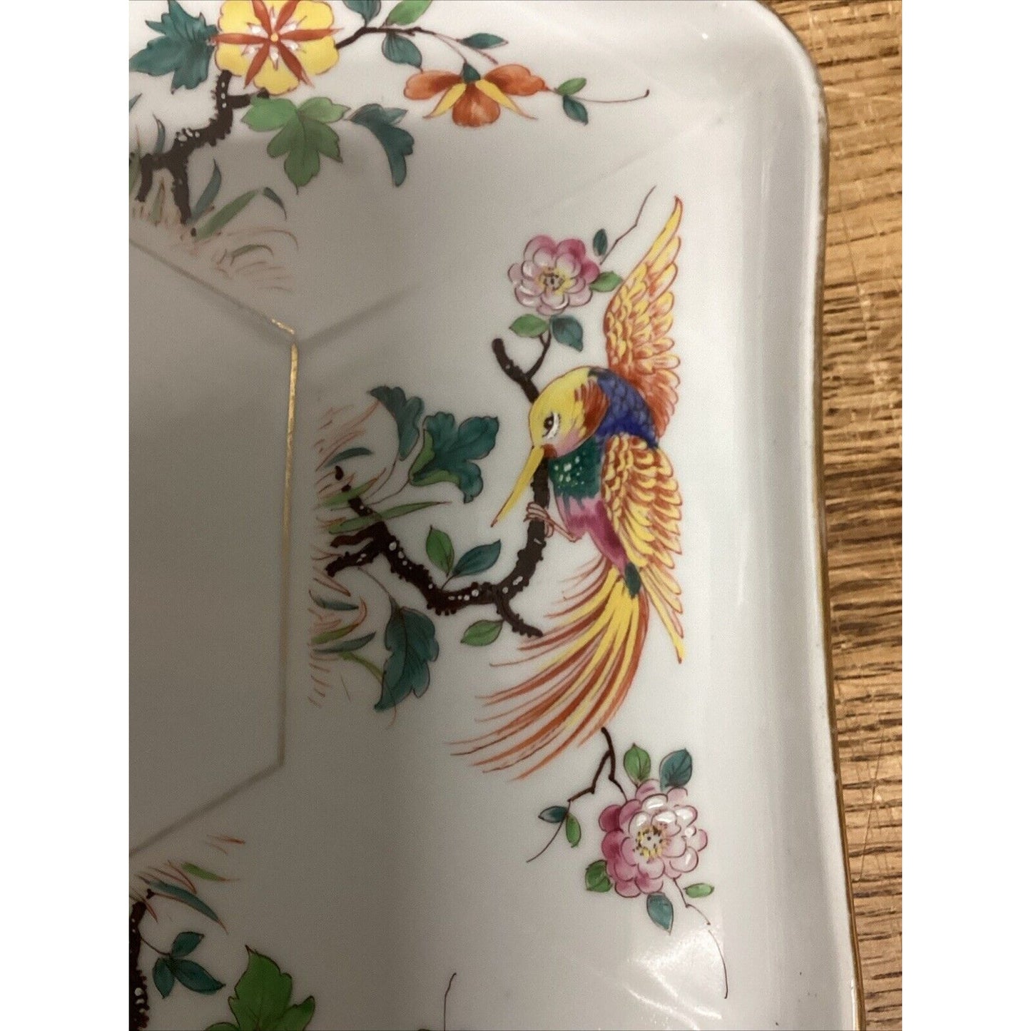 Vintage Porcelain And Ceramic Floral Platter With Birds & Butterflies - 12.5x11”