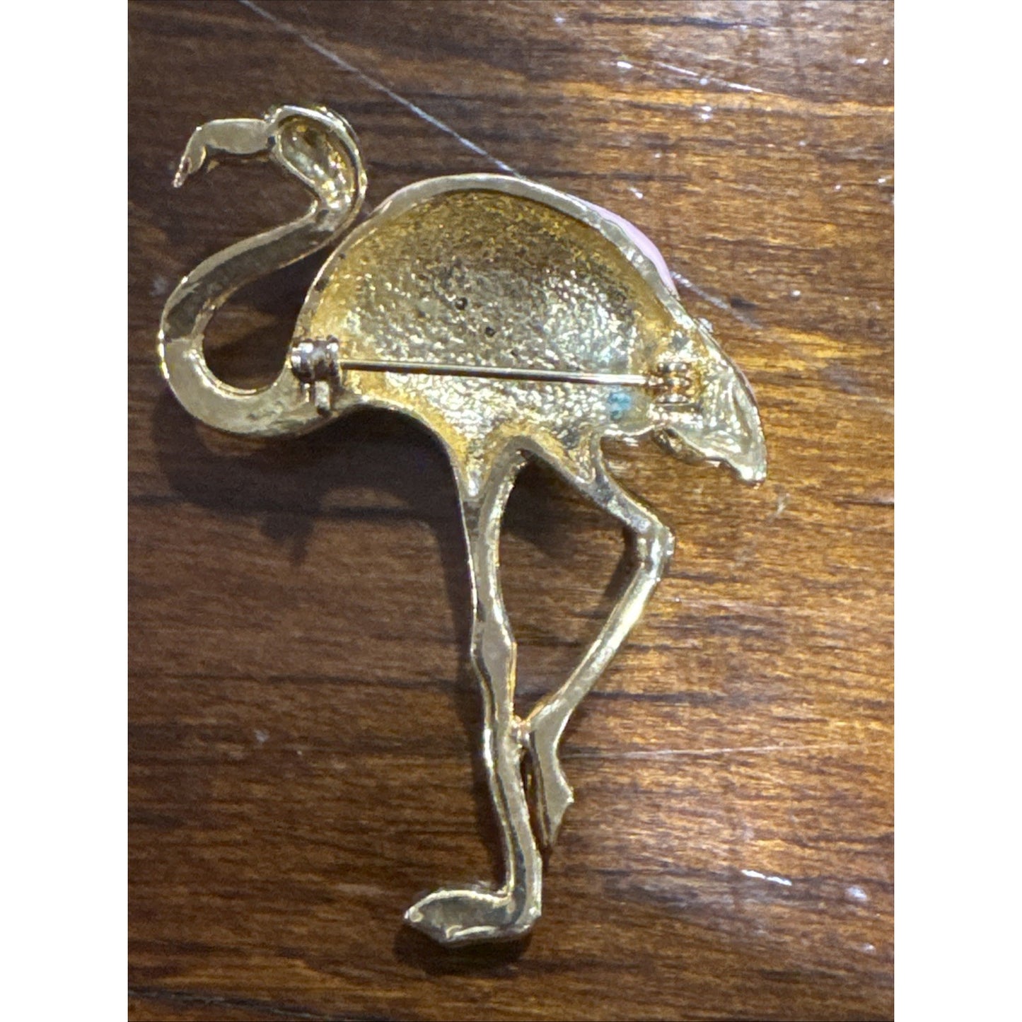 Vintage Flamingo Bird Pin Brooch Pink Enamel Gold Tone Figural Jewelry Green Eye